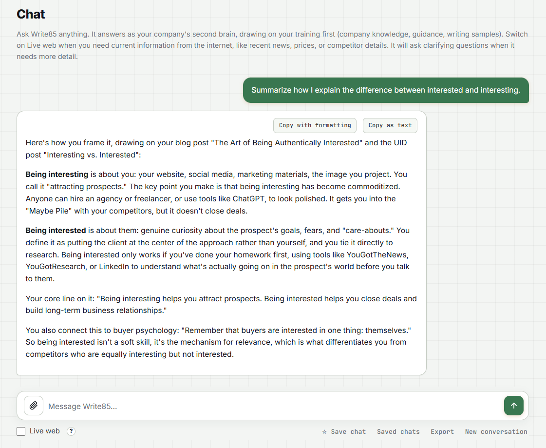 Write85 chat answering from company knowledge, with the source of the answer labeled